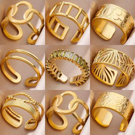Stainless Steel Rings for Women Gold Color Couple Jewelry Aesthetic Accessorie Adjustable Punk Embossed Hollow Wide Ring